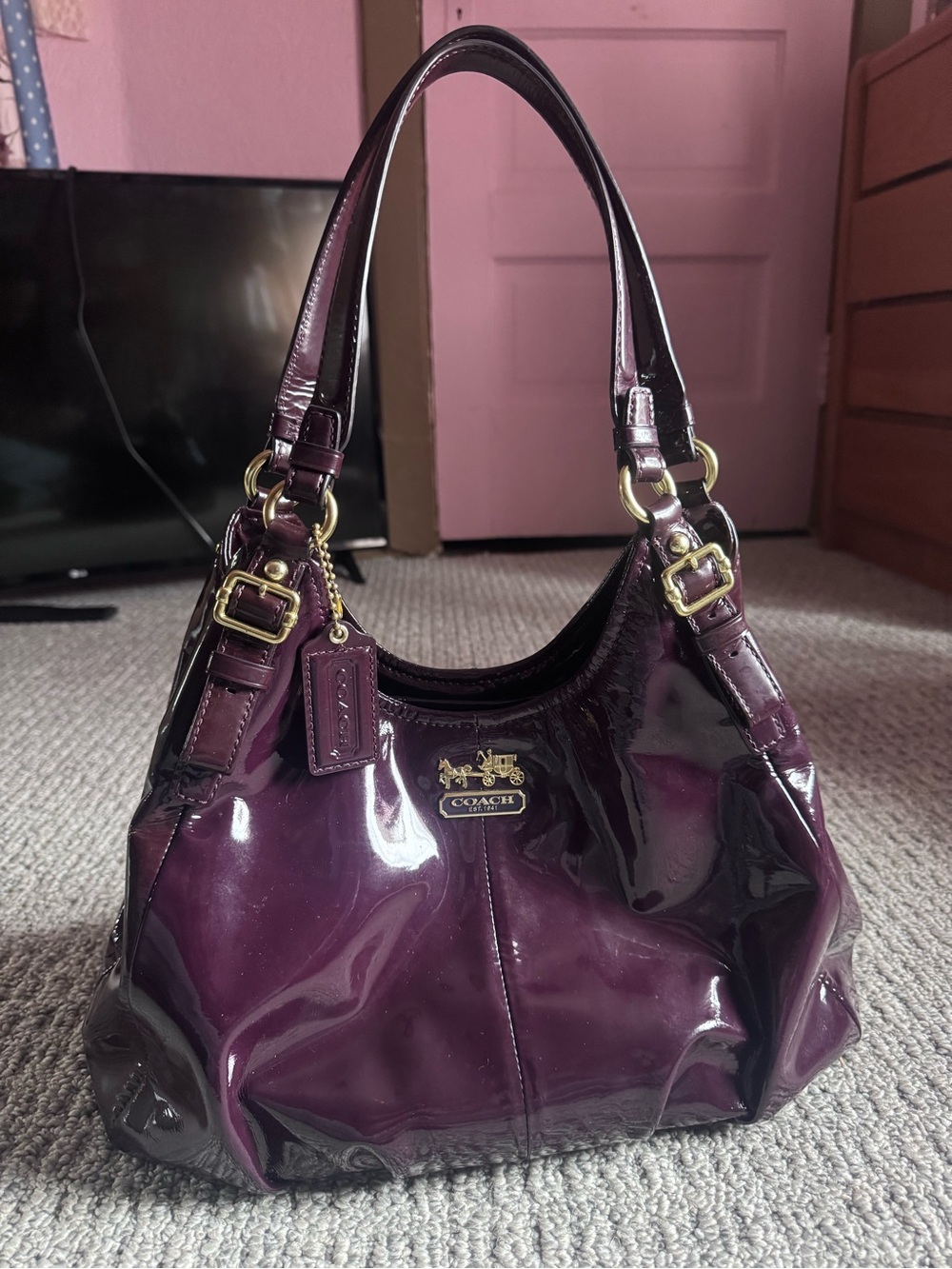 Coach Glossy Plum Patent Shoulder Bag with Gold Hardware